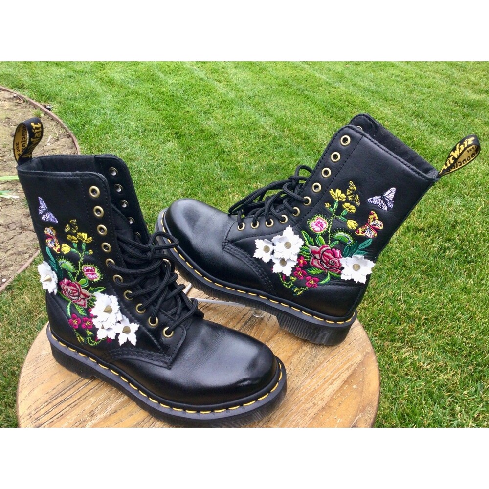 Dr Martens Sz 6 Black Boots 1490 Bloom Floral Leather Mid Calf Butterfly Spike